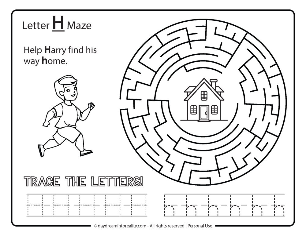 Letter "H" Maze Free Printable - Help Harry find his way home.