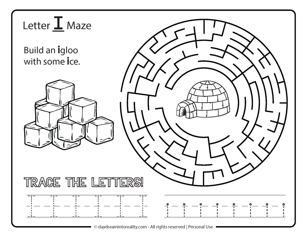 Letter "I" Maze Free Printable Build an igloo with some ice.