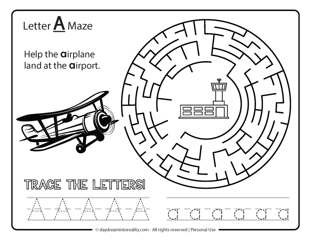 Letter "A" Maze Free Printable. Help the airplane land on the airport.