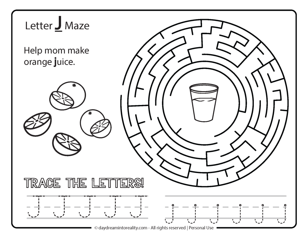 Letter "j" Maze Free Printable - Help mom make orange juice