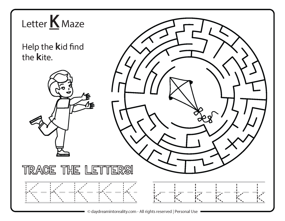 Letter "K" Maze Free Printable - Help the kid find the kite