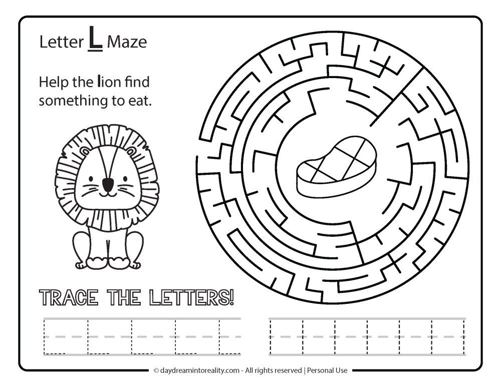 Letter "L" Maze Free Printable - Help the lion find something to eat.