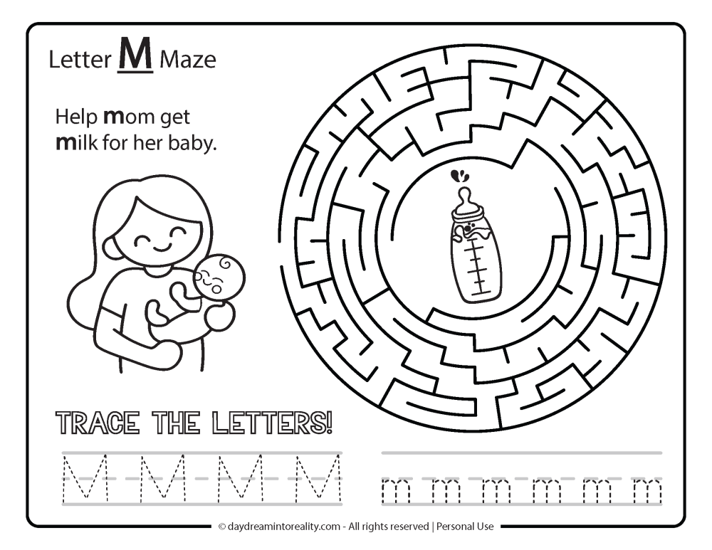 Letter "M" Maze Free Printable - Help mom get milk for her baby.