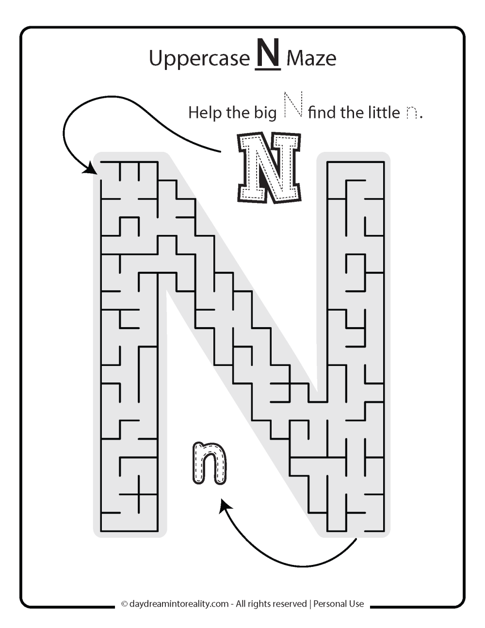 Uppercase "N" Maze Free Printable