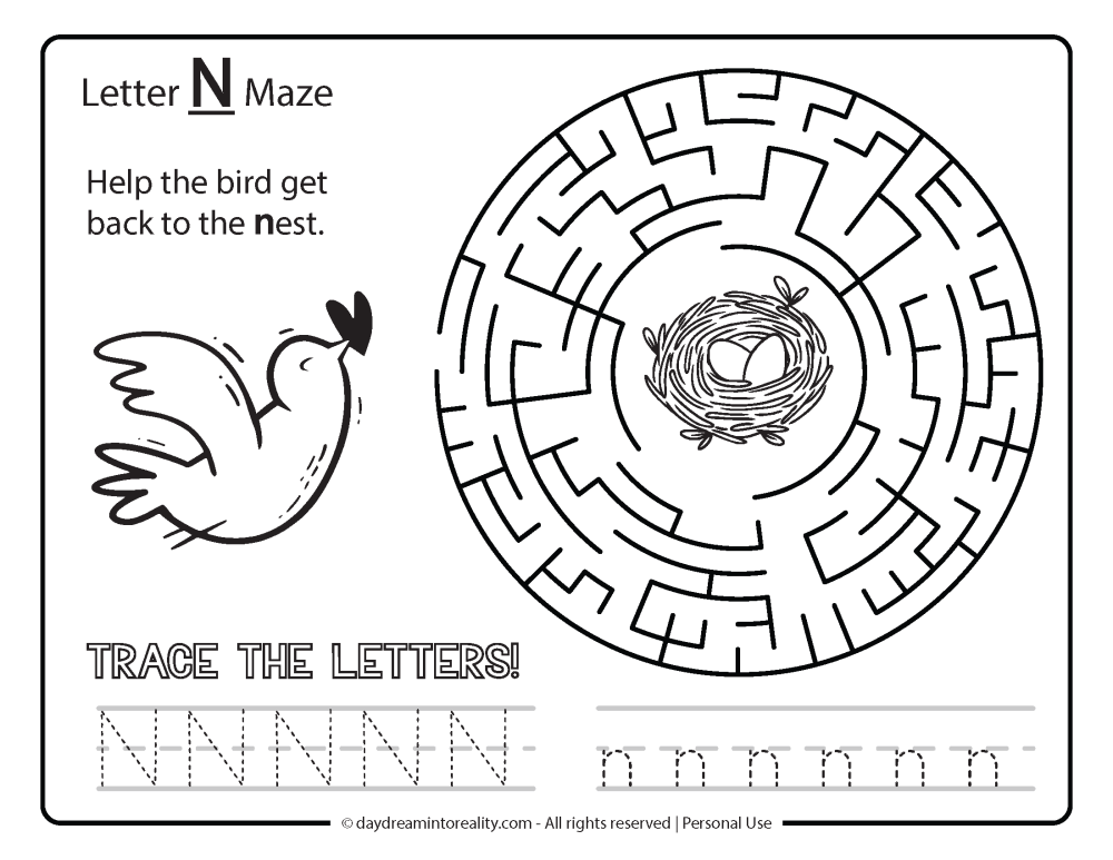 Letter "N" Maze Free Printable - Help the bird get back to the nest.