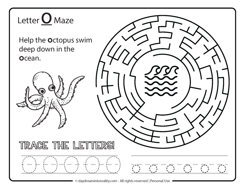 Letter "O" Maze Free Printable - Help the octopus swim deep down in the ocean.
