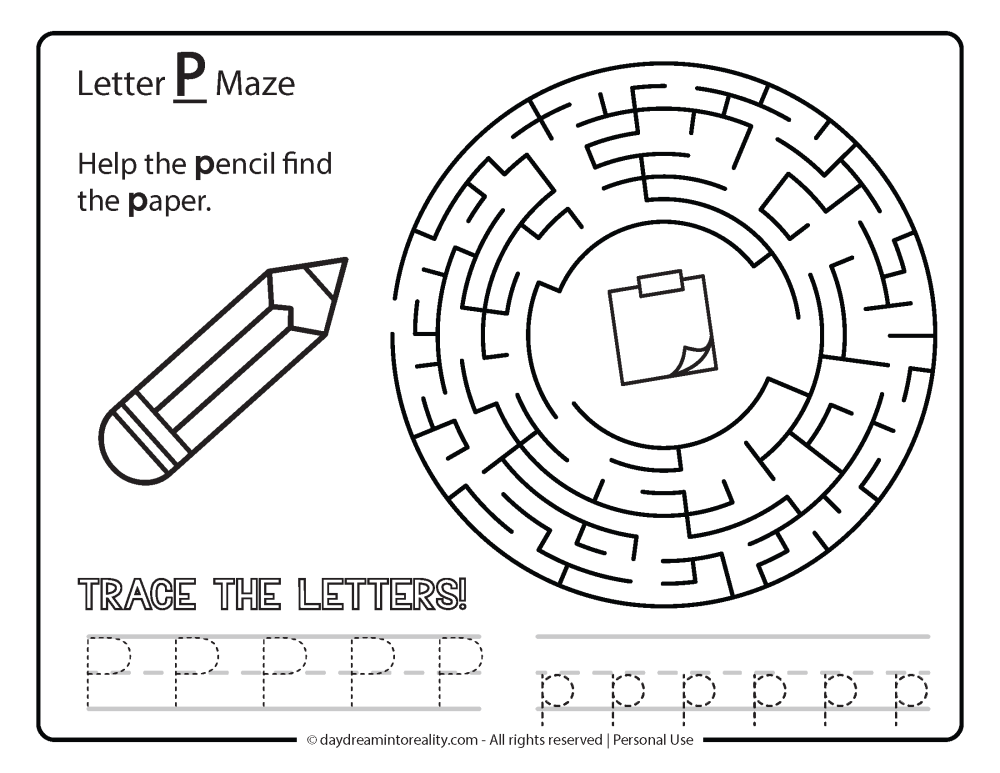 Letter "P" Maze Free Printable - Help the pencil find the paper.