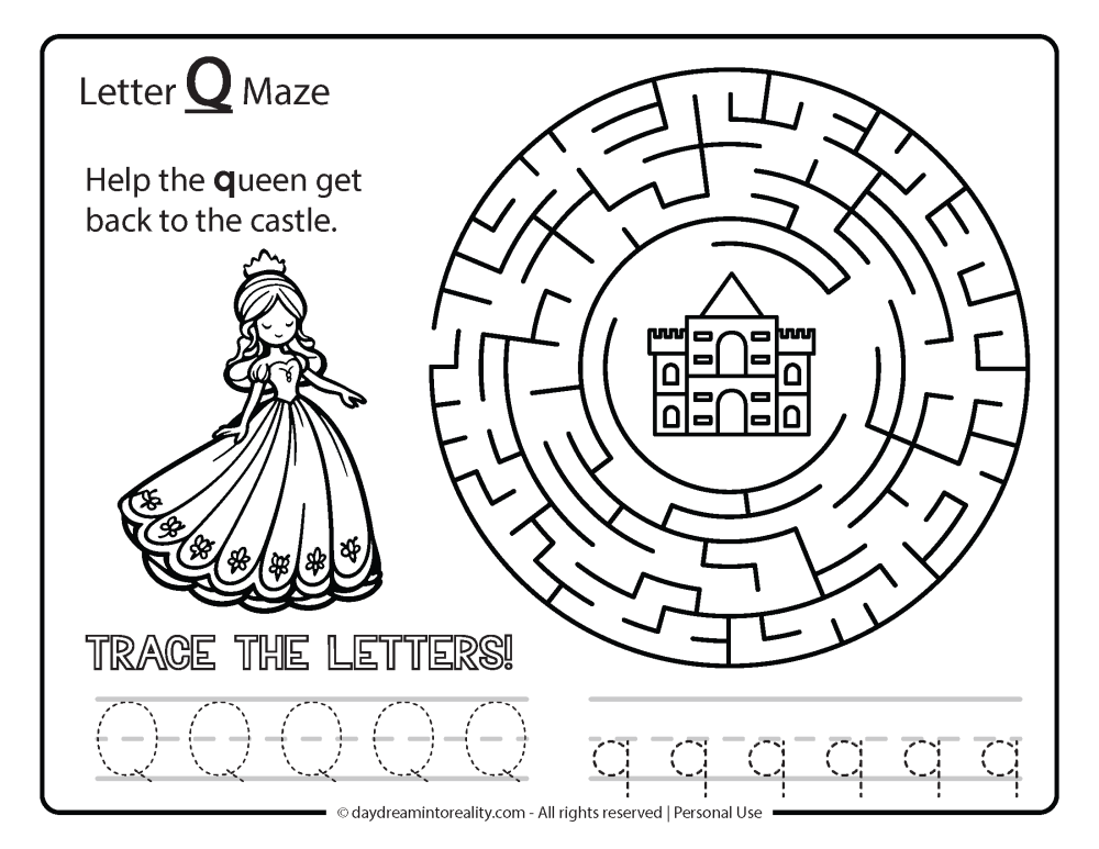 Letter "Q" Maze Free Printable. Help the queen get back to the castle