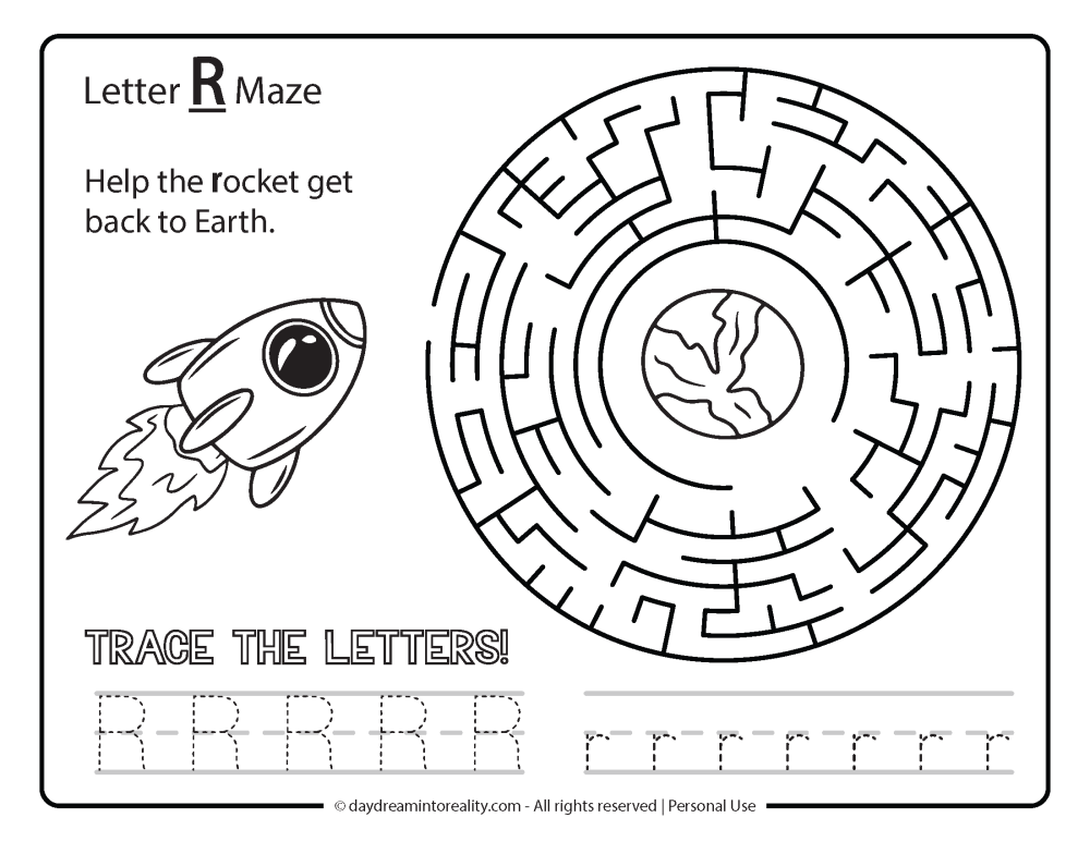 Letter "R" Maze Free Printable - Help the rocket get back to earth.