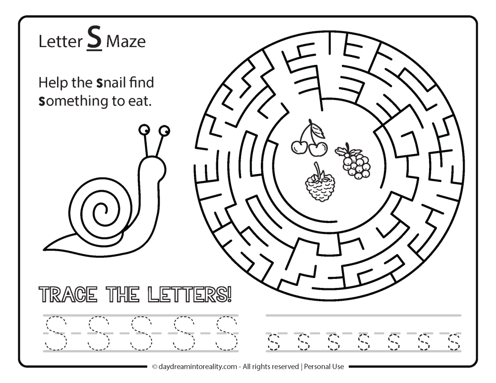 Letter "S" Maze Free Printable - Help the snail find something to eat.