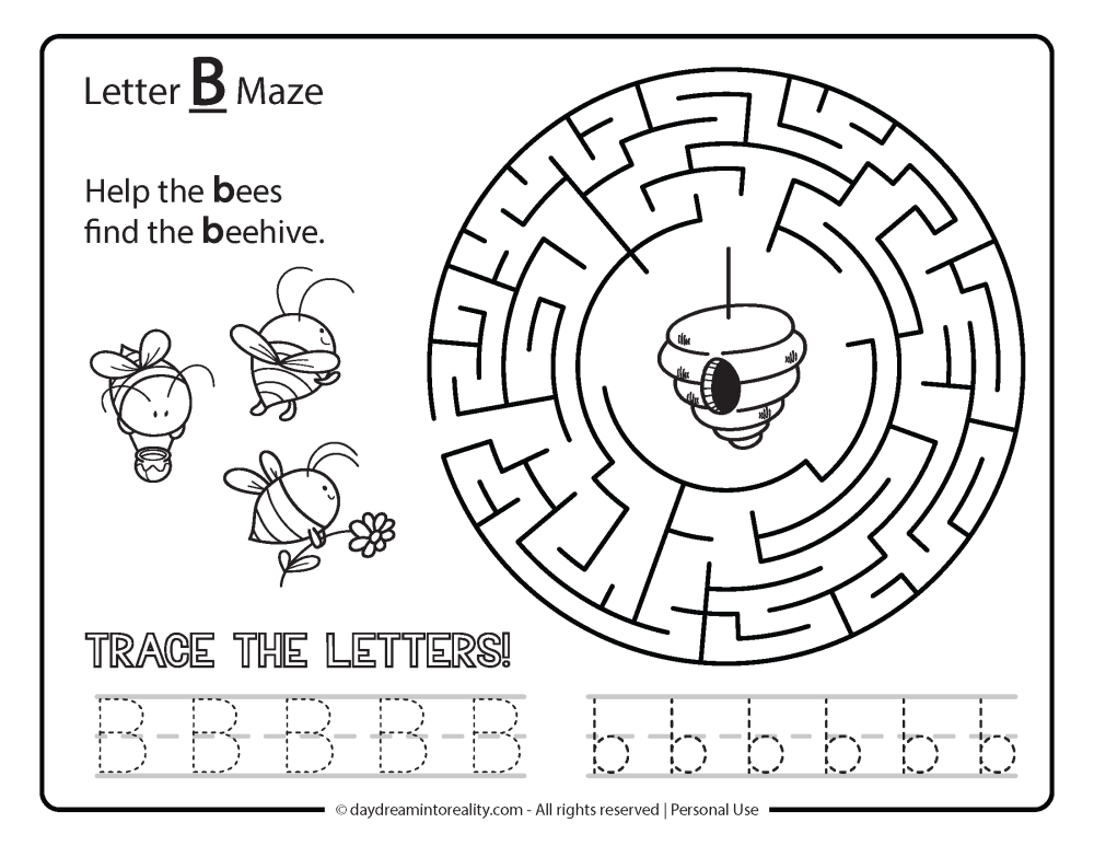 Letter "B" Maze - Help the bees find the beehive - Free Printable.