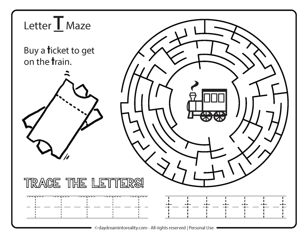 Letter "T" Maze Free Printable - Buy a ticket to get on the train.