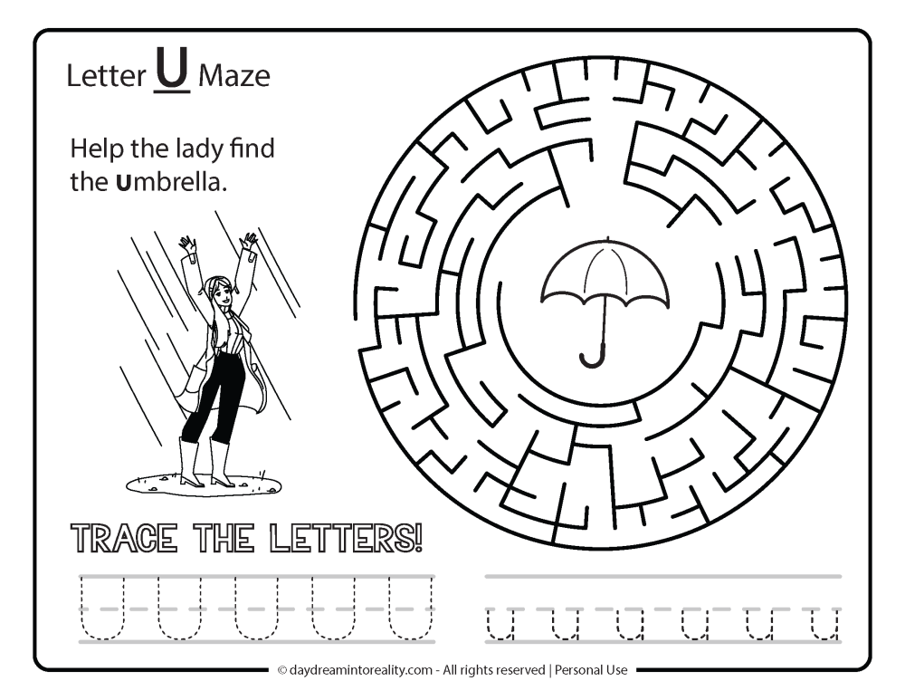 Letter "U" Maze Free Printable - Help the lady find the umbrella