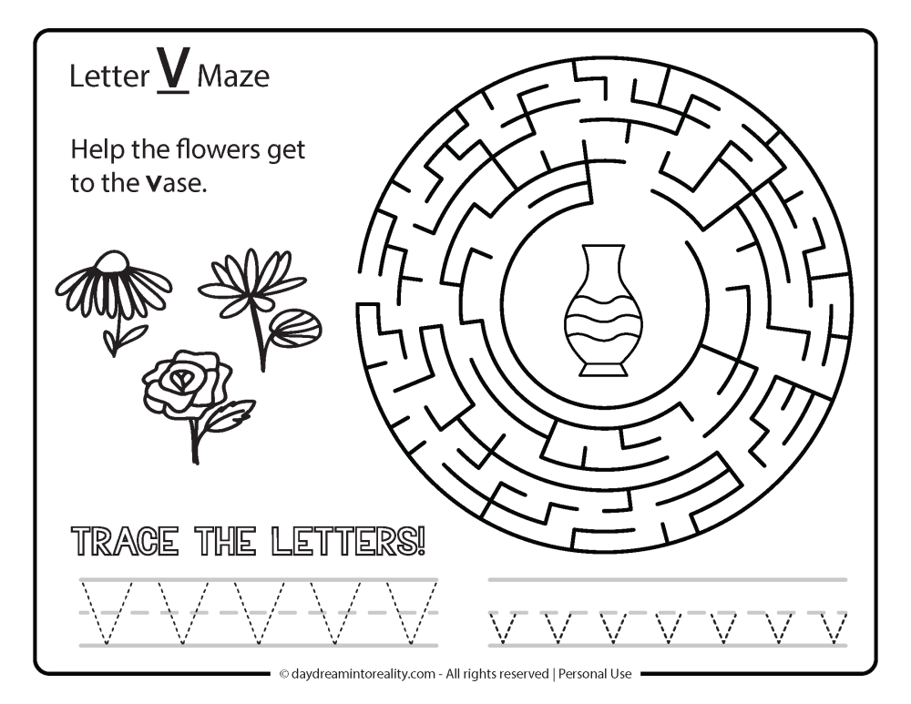 Letter "v" Maze Free Printable - Help the flowers get to the vase.