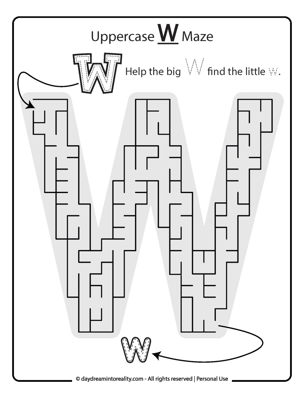 Uppercase "W" Maze Free Printable