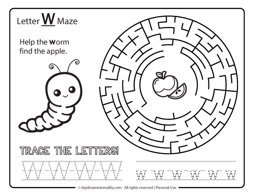 Letter "W" Maze Free Printable - Help the worm find the apple.