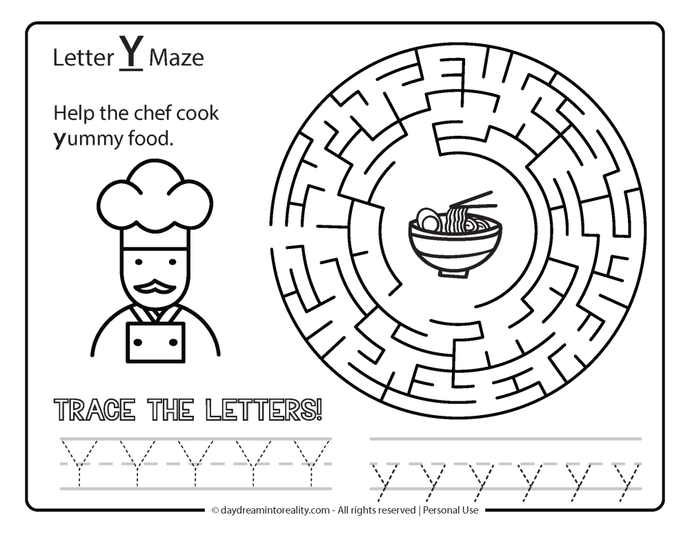 Letter "Y" Maze Free Printable - Help the chef cook yummy food.