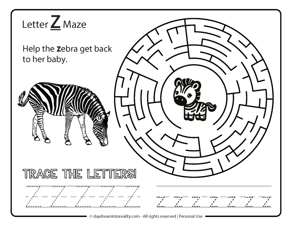 Letter "Z" Maze Free Printable - Help the zebra get back to her baby.