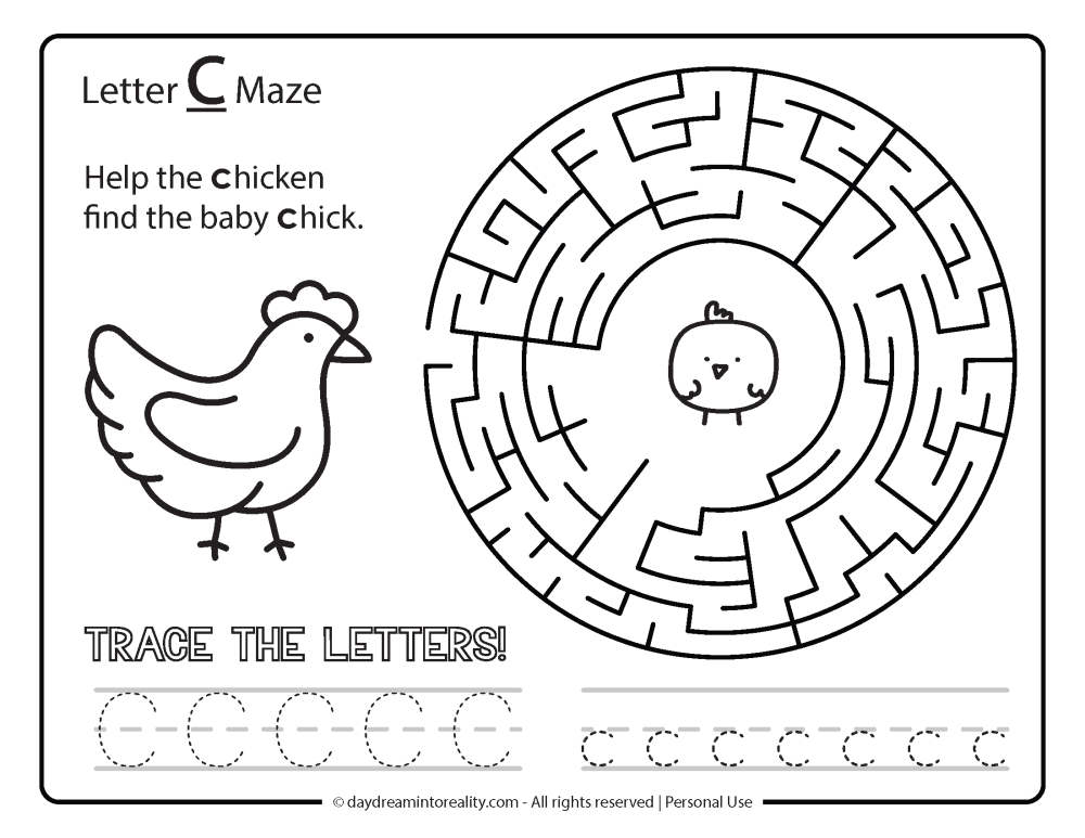 Letter "C" Maze Free Printable - Help the chicken find the baby chick,