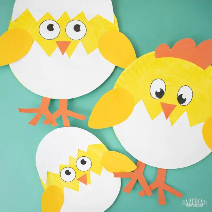 three different paper plate chick crafts