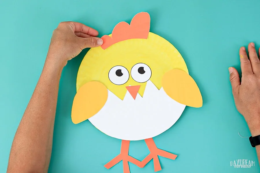 option for paper plate chick craft - comb on top, legs and only half of the eggshell