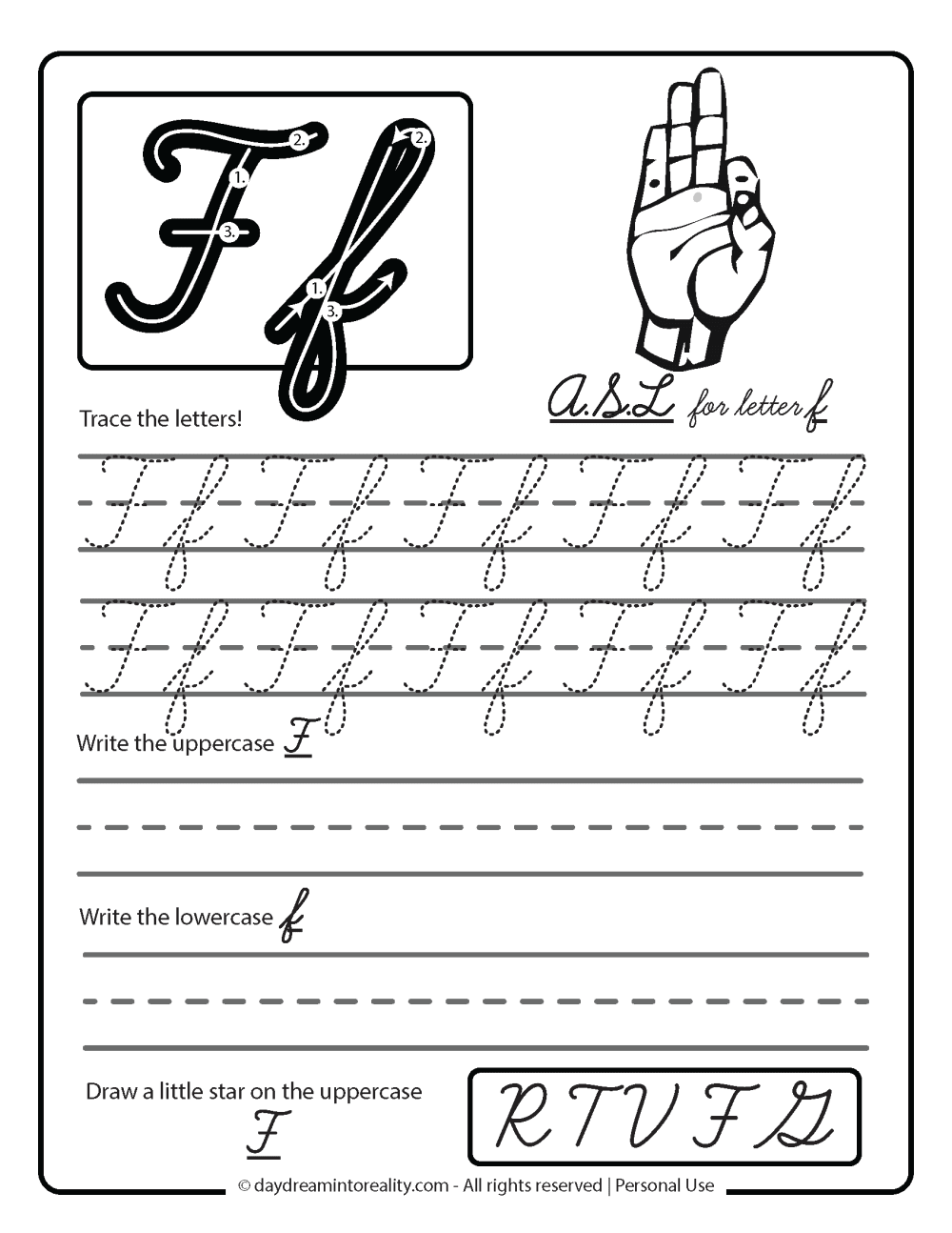 Cursive ASL for Letter F Free Printable