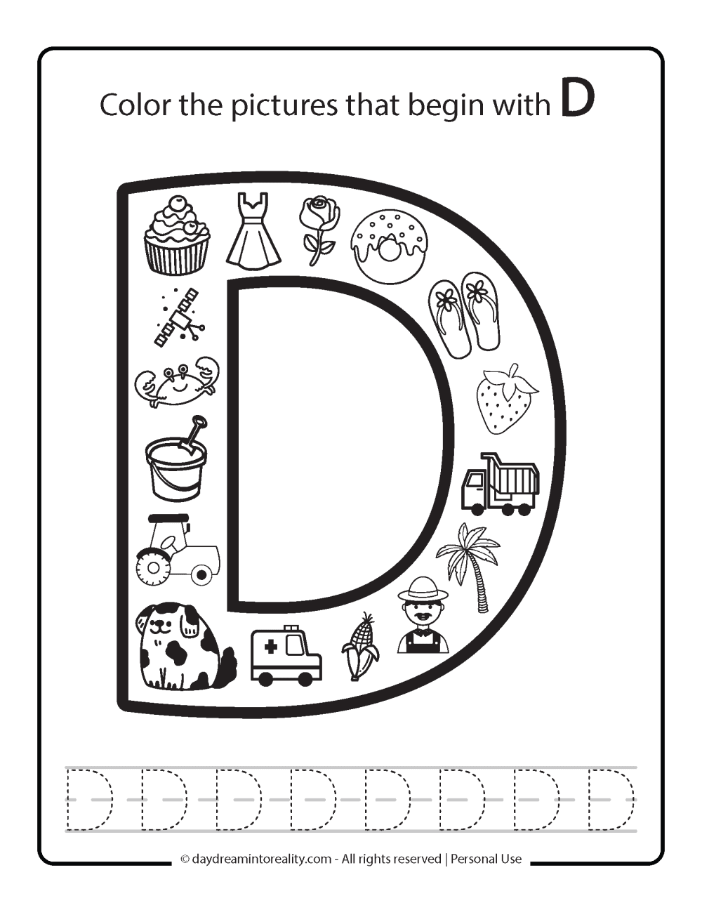 Color the picture that starts with the letter "D (uppercase)" Beginning Alphabet Sounds Worksheet Free Printable