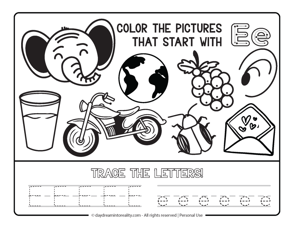 Color the picture that starts with the letter "e" Beginning Alphabet Sounds Worksheet Free Printable