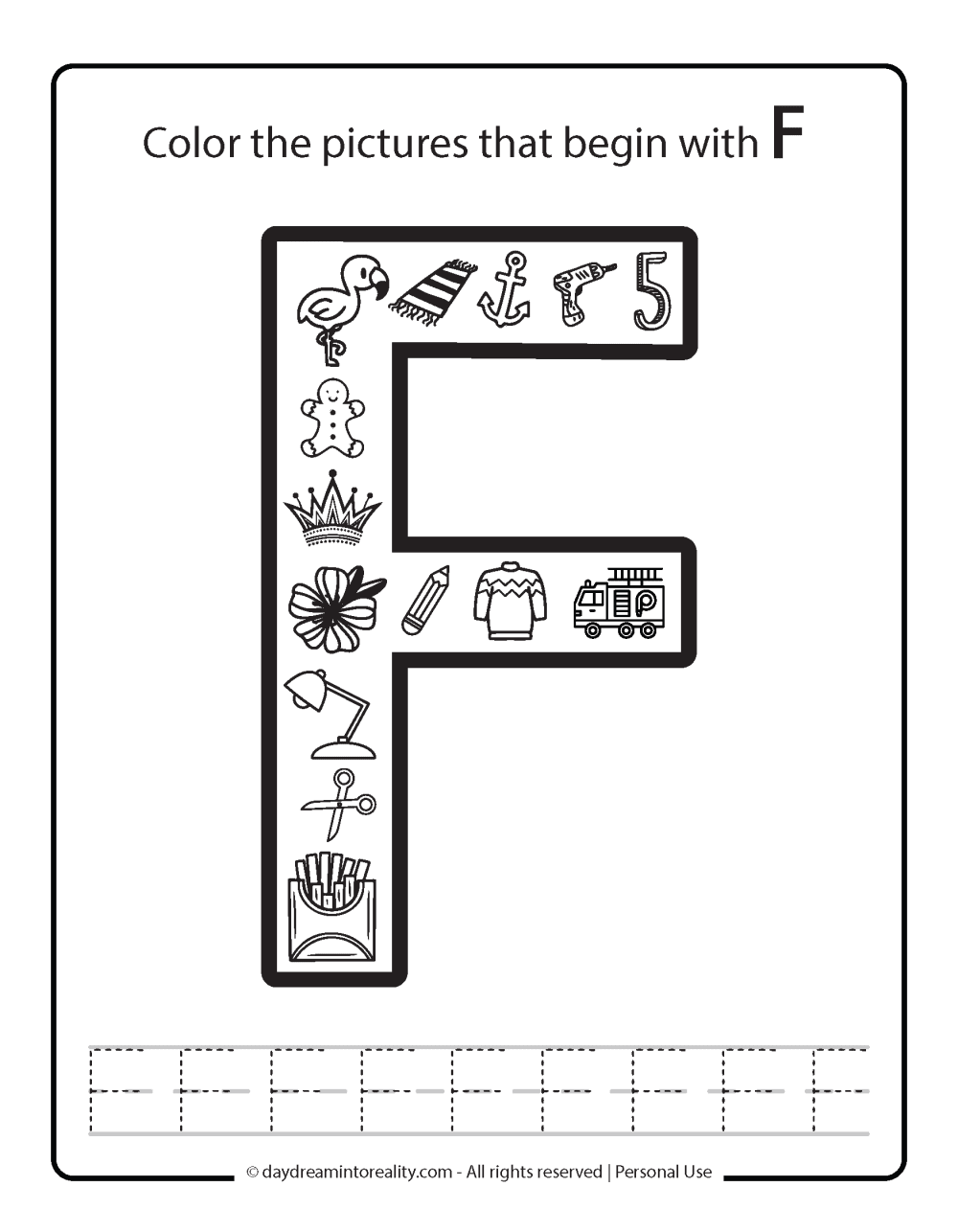 Color the picture that starts with the letter "F (uppercase)" Beginning Alphabet Sounds Worksheet Free Printable