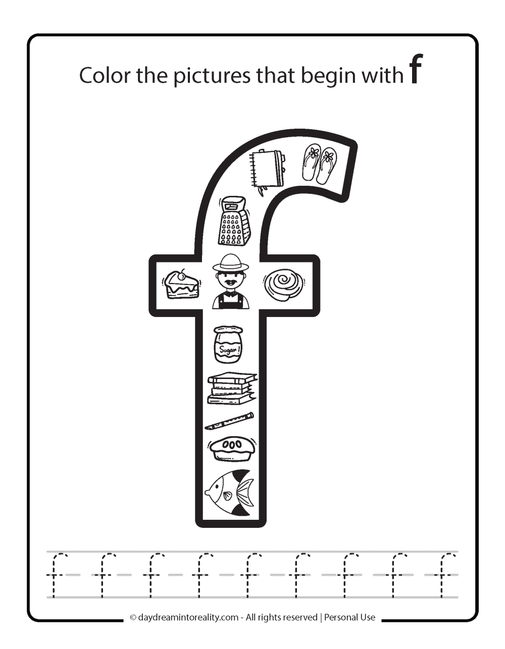 Color the picture that starts with the letter "f (lowercase)" Beginning Alphabet Sounds Worksheet Free Printable