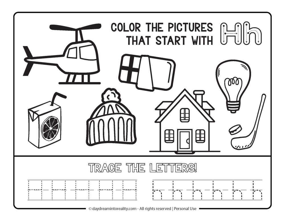 Color the picture that starts with the letter "h" Beginning Alphabet Sounds Worksheet Free Printable