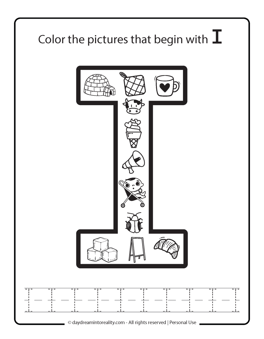 Color the picture that starts with the letter "I (uppercase)" Beginning Alphabet Sounds Worksheet Free Printable