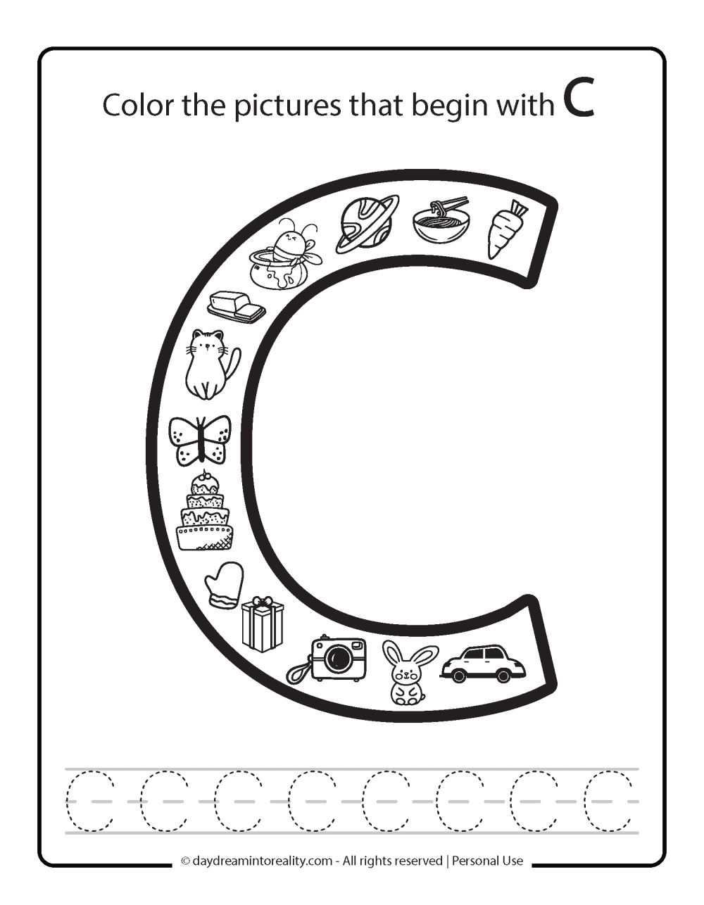 Color the picture that starts with the letter "C (uppercase)" Beginning Alphabet Sounds Worksheet Free Printable