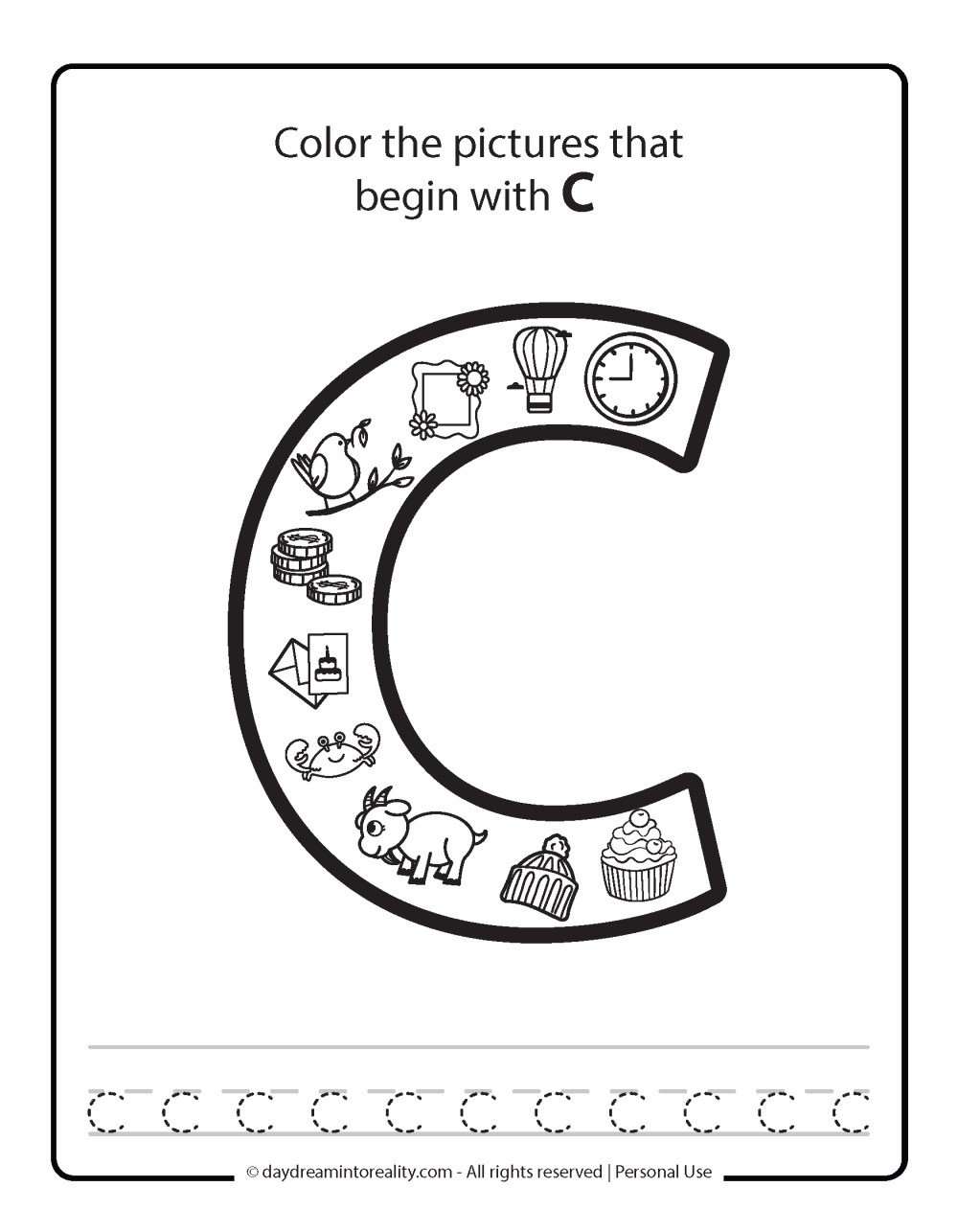 Color the picture that starts with the letter "c (lowercase)" Beginning Alphabet Sounds Worksheet Free Printable