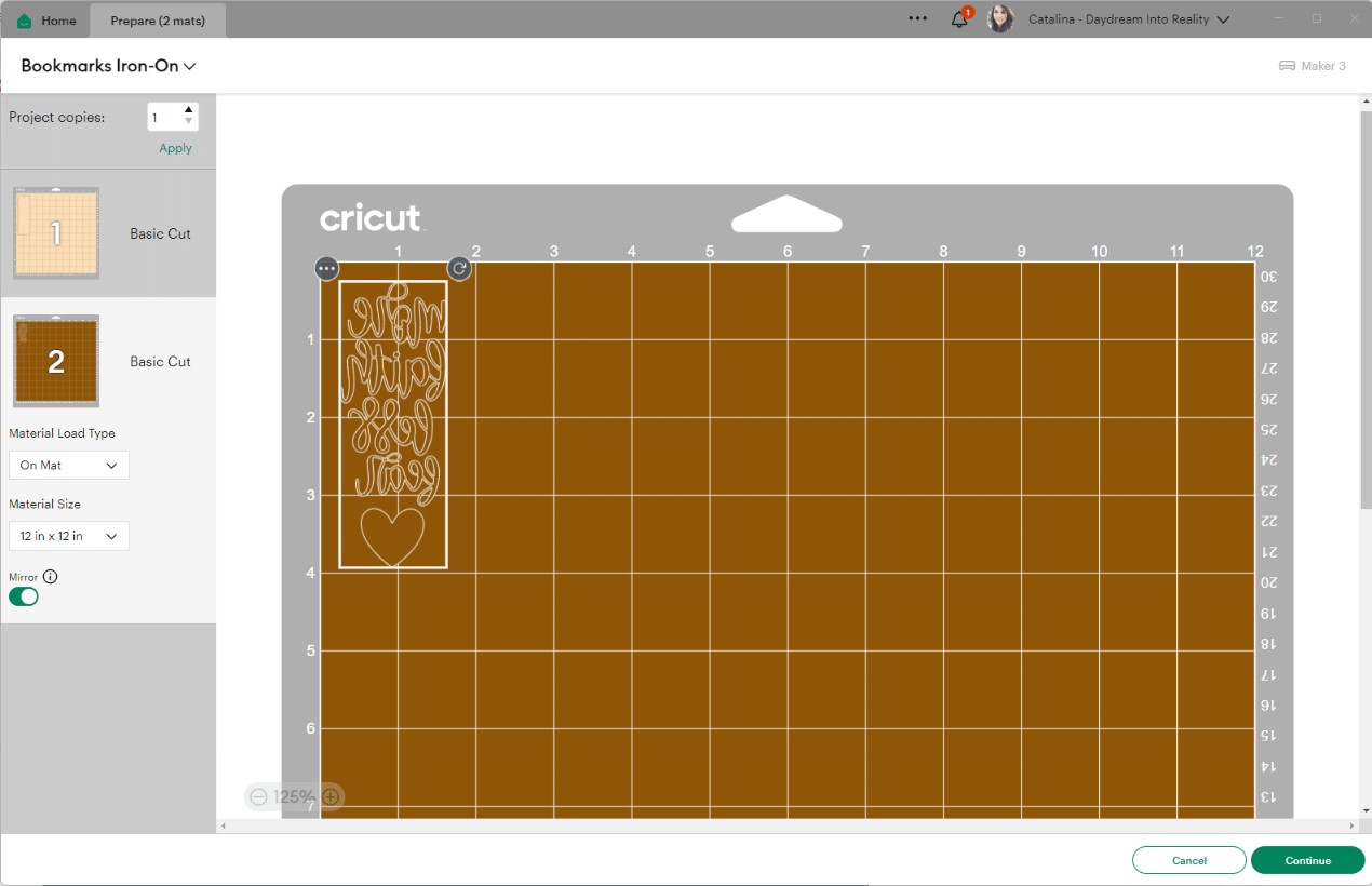 turning mirror-on in Cricut Design Space