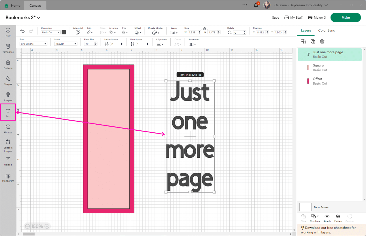 adding text in Cricut Design Space for bookmark