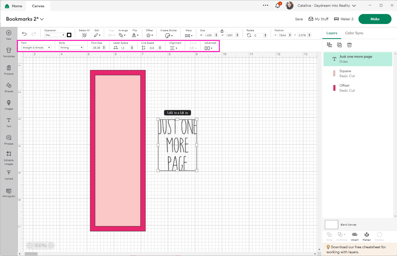 Editing text for bookmark in Cricut Design Space