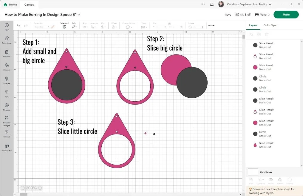 make a teardrop earring in Cricut Design Space with space for charms or images