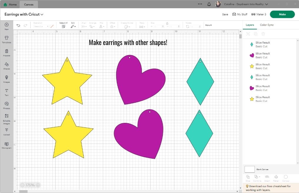 making earrings with shapes in cricut design space.