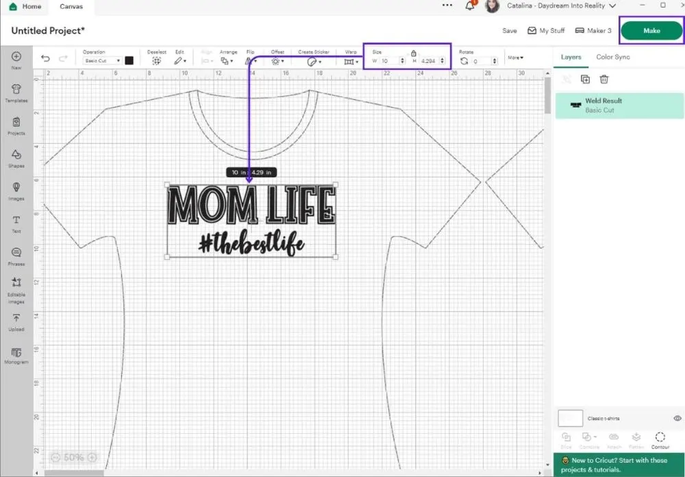 resizing t-shirt in Cricut Design Space