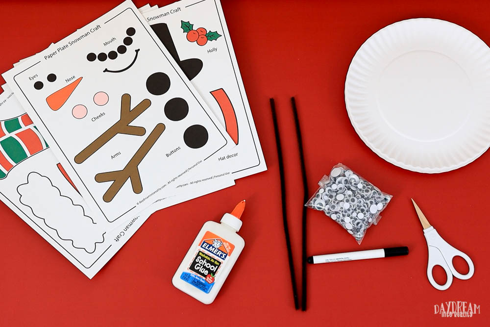 materials for maker paper plate snowman