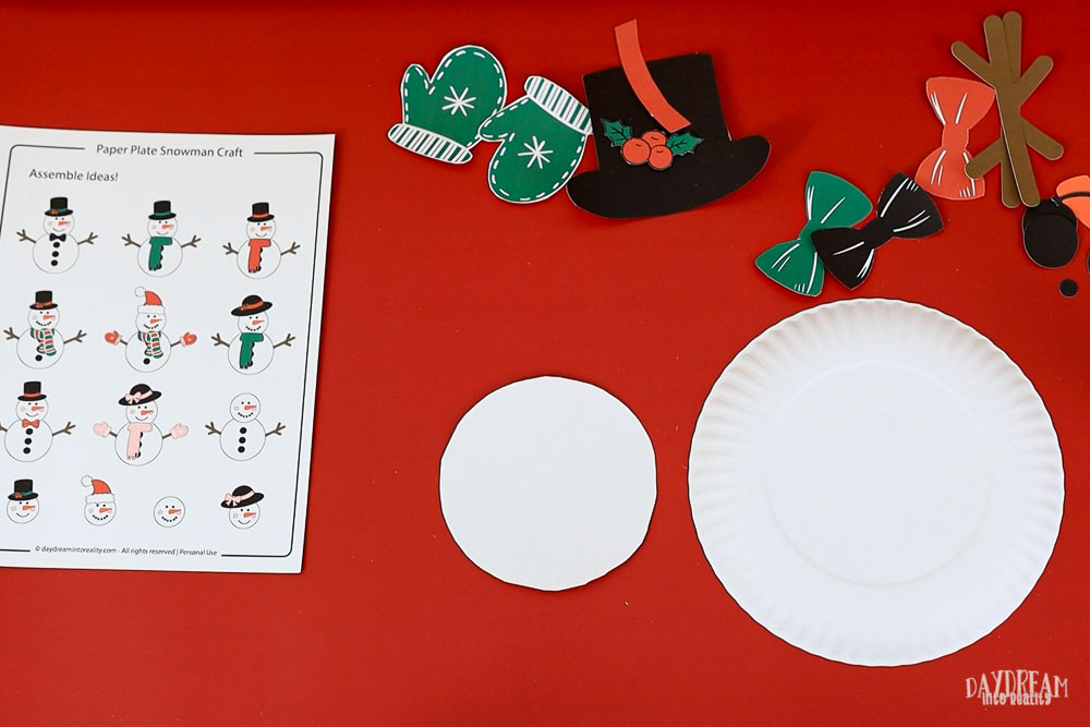 pieces to assemble paper plate snowman craft