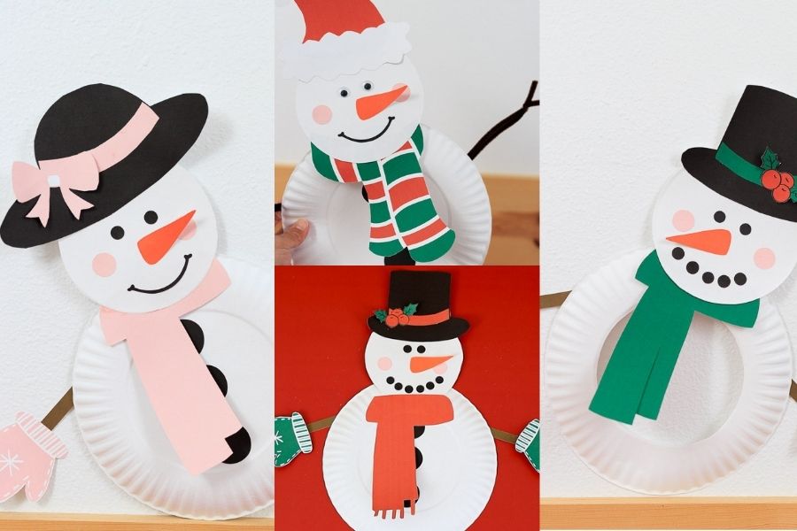 various snowmen crafts for kids made with paper plates
