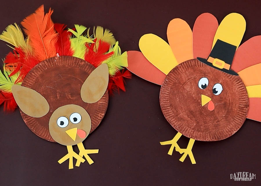 two different paper plate turkey crafts for kids. feathers and paper tail.