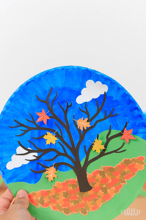 fall paper plate tree craft for kids night scene