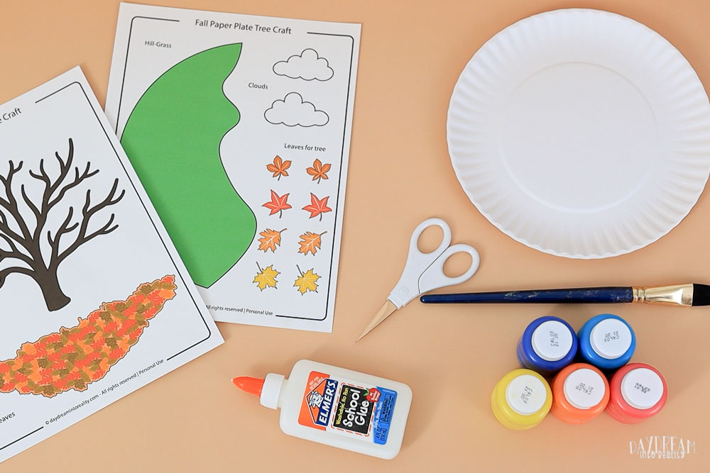 materials for making a paper plate fall tree craft for kids
