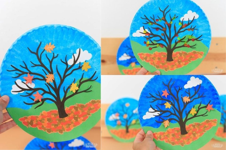 paper plate fall tree craft for kids different styles. Daylight, night, with fingertips for leave.