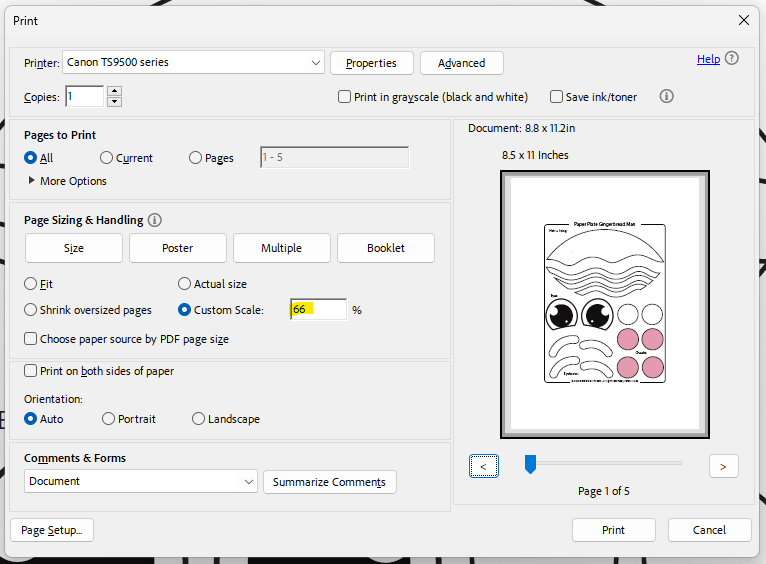 printing settings for paper plate gingerbread man