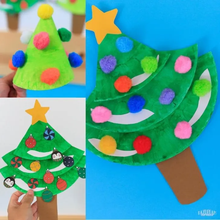 paper plate Christmas tree crafts made with pom poms and different ornaments for template. Also made in cone shape.