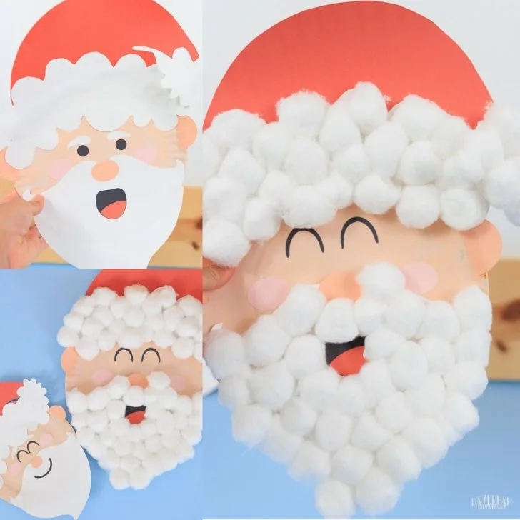 multiple Santas made with paper plates, cotton balls and a free template